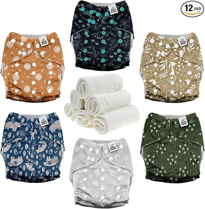 Mama Koala 3.0 Cloth Diapers for Babies with AWJ Lining, 6 Pack with 6 Natural Cloth Diaper Inserts - Reusable and Washable Pocket Diapers (Natural Elements)