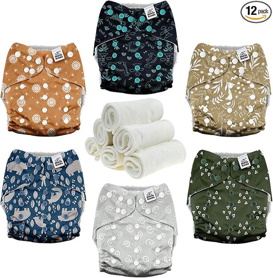 Mama Koala 3.0 Cloth Diapers for Babies with AWJ Lining, 6 Pack with 6 Natural Cloth Diaper Inserts - Reusable and Washable Pocket Diapers (Natural Elements)