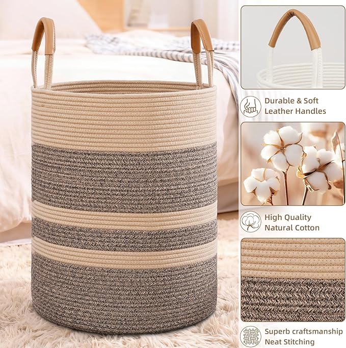 60L Striped Laundry Basket, Dark Brown Laundry Hamper with Leather Handles, Woven Cotton Rope Storage Bin for Blankets, Nursery Hamper for Clothes, Toys In Bathroom, Livingroom, Bedroom