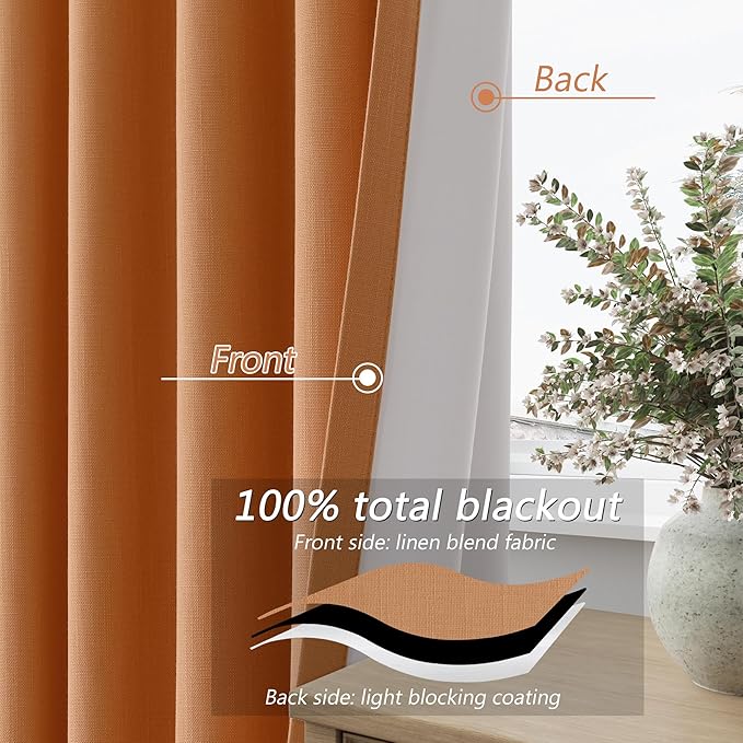 Guken Orange 100% Blackout Curtains 96 Inch Length 2 Panels Set for Living Room Bedroom Back Tab Thermal Insulated Black Out Linen Drapes Room Darkening Window Curtains 96 Inches Long