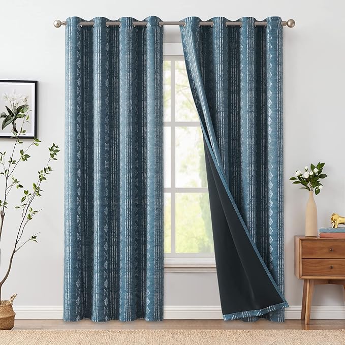 jinchan 95% Blackout Boho Curtains 96 Inch Length for Bedroom White on Blue Geometric Printed Grommet Top Room Darkening Thermal Insulated Window Drapes 2 Panels