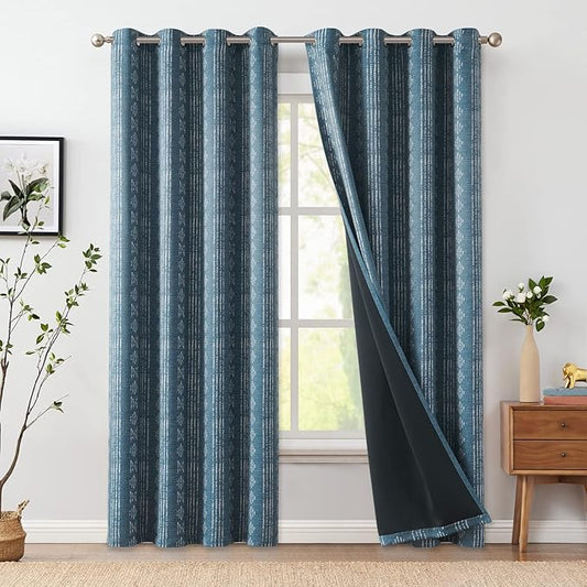 jinchan 95% Blackout Boho Curtains 96 Inch Length for Bedroom White on Blue Geometric Printed Grommet Top Room Darkening Thermal Insulated Window Drapes 2 Panels