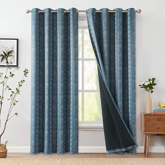jinchan 95% Blackout Boho Curtains 90 Inches Long for Bedroom White on Blue Geometric Printed Grommet Top Room Darkening Thermal Insulated Retro Drapes 2 Panels