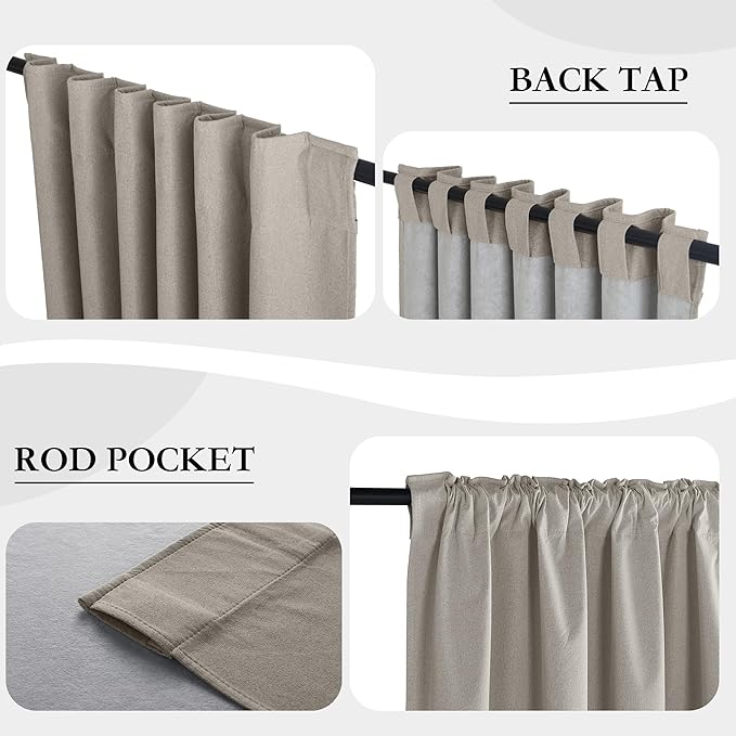 RYB HOME 100% Blackout Silver Grey Curtains, Privacy Flax Linen Drapery for Living Room & Bedroom Total Blackout, Rod Pocket & Back Tab Window Treatment, Set of 2, W52 x L84