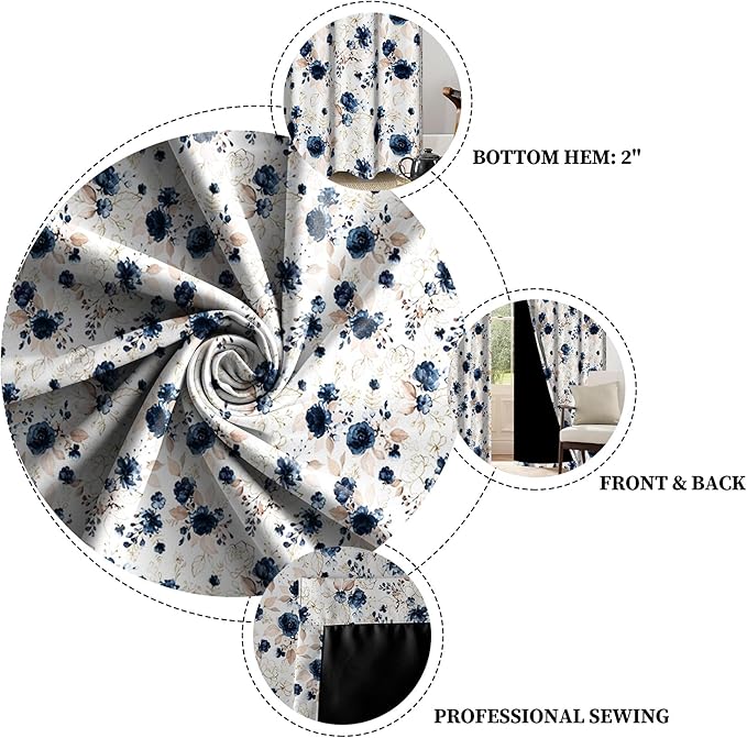 Renaiss Blue and White Floral Blackout Curtains Gold Line Rose Flowers Thermal Insulated Window Drapes for Bedroom 29W x 45L inches 2 Panel Set Window Curtain Panels for Kitchen