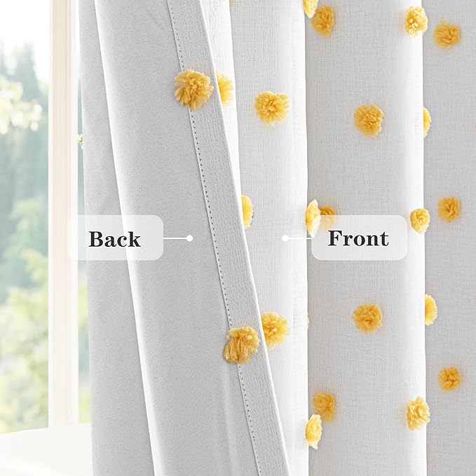 MEETSKY 100% Blackout Curtains for Girls Bedroom 63 Inch Length 2 Panels,Total Light Blocking Yellow White Pom Pom Curtains for Kids Room Darkening Window 2 Layered Drapes, Mustard Yellow, 52W x 63L