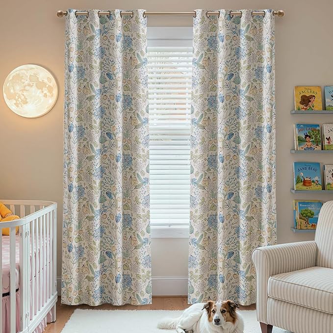 jinchan Nursery Curtains 95% Blackout Blue Floral Curtains for Kids Room, 96 Inch Length Farmhouse Drapes for Bedroom Living Room Darkening Window Treatment Grommet Top Set of 2 Panels