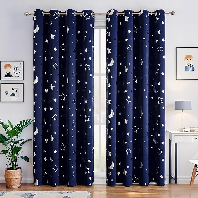 WUBODTI Boys Curtains Navy Blue Blackout Star Curtains Cute Space Themed Thermal Insulated Room Darkening Blackout Drapes for Kids Room Nursery Boys Bedroom(W42 x L84, 2 Panels)