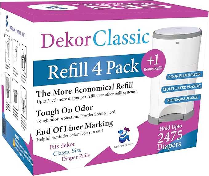 Pack of 4 +1 More Diaper Refill Liners Refills Compatible with DEKOR CLASSIC Diaper Pails Exclusive 30% Extra Thickness Diaper Pail Refills with Powerful Odor Elimination Leakage-proof, Powder Scent