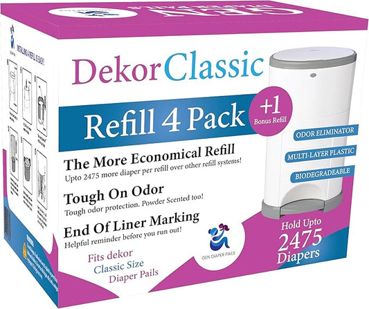 Pack of 4 +1 More Diaper Refill Liners Refills Compatible with DEKOR CLASSIC Diaper Pails Exclusive 30% Extra Thickness Diaper Pail Refills with Powerful Odor Elimination Leakage-proof, Powder Scent
