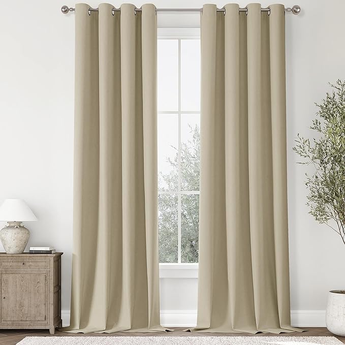 ChrisDowa 100% Blackout Linen Curtains, 2 Panels Set Thermal Insulated Room Darkening Curtains for Living Room, Privacy Grommet Window Drapes for Bedroom (Tan, 52 x 120 Inch)
