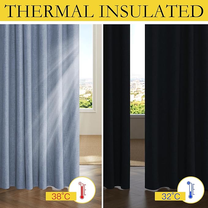 NICETOWN Short 100% Blackout Curtains 63" Long, Burlap Linen Drapes with Thermal Insulated Grey Liner, Keeping Out Cold Air and Heat Panels for Kitchen, Cafe Bar (Set of 2, 52" Width, Stone Blue)