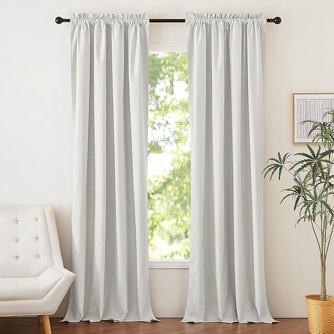 NICETOWN 100% Absolutely Blackout Linen Curtains 95 inch Length with Thermal Insulated White Liner, Off White, W52, 2 Pieces, Noise Reducing Textured Linen Look Windows Drapes for Classroom