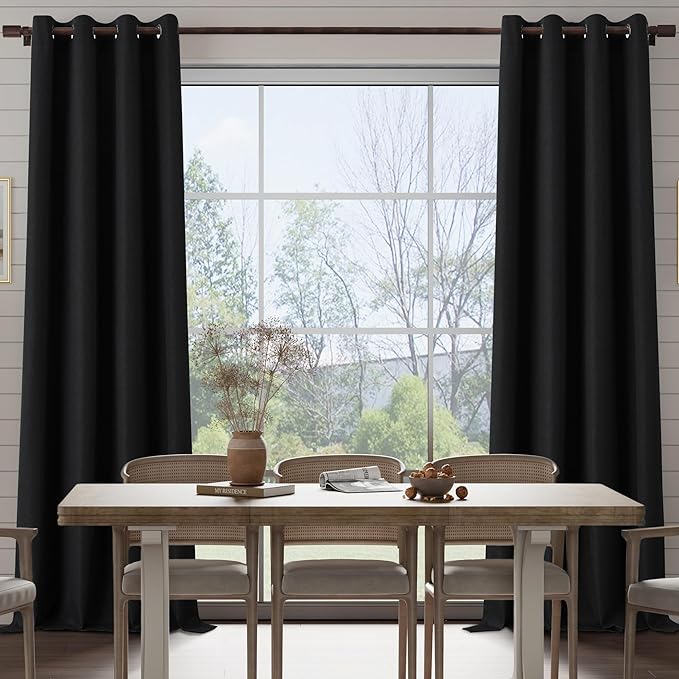 100% Blackout Linen Textured Curtains 108 Inch Length 2 Panels Set for Living Room, Bedroom, Light Weight Curtains with Grommets Top, Full Blackout Curtains Privacy Protection, Black, 52" W x 108" L