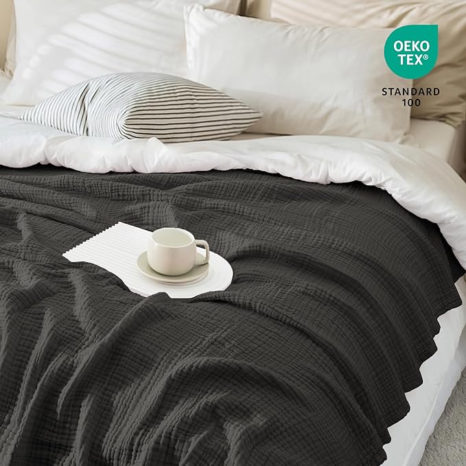 Carriediosa 100% Cotton Muslin Throw Blanket 50" X 70" Twin XL Size，4-Layers Summer Gauze Throws for Bed Couch，Soft Lightweight Breathable Linen Blankets Bedspread for Adults All Season，Dark Grey