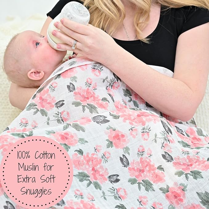 LollyBanks Muslin Swaddle Blankets for Girls, Large 47 x 47 Inches Soft Swaddles for Newborns, 100% Cotton Breathable and Lightweight Baby Blanket, Baby Essentials, Registry (Pink Peony Print)