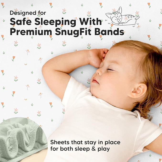 Pack and Play Sheets Fitted - 2-Pack Mini Crib Sheets for Pack N Play Mattress 38x26, Soft & Cozy, Neutral Toddler Playard Bedding, Snug Fitted Mini Baby Crib Mattress Cover Boy, Girl (Wildflowers)
