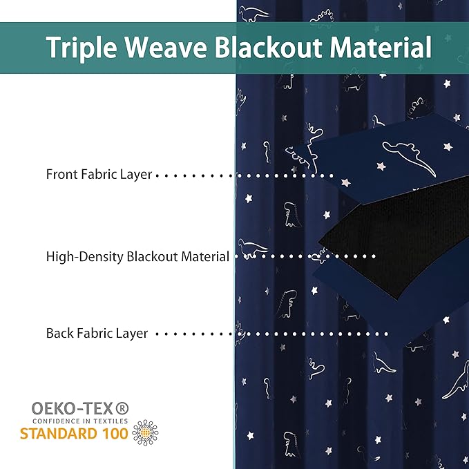LORDTEX Dinosaur and Star Foil Print Blackout Curtains for Kids Room - Thermal Insulated Curtains Noise Reducing Window Drapes for Boys and Girls Bedroom, 42 x 84 Inch, Navy, Set of 2 Panels