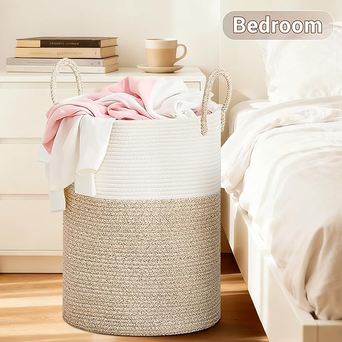 Tall Laundry Basket with Handles, 100L Portable Dirty Clothes Hamper, Boho Cotton Rope Storage Bin for Blankets Kids Toys Gifts, Extra Large Organizer for Baby Nursery Bedroom Bathroom, Brown