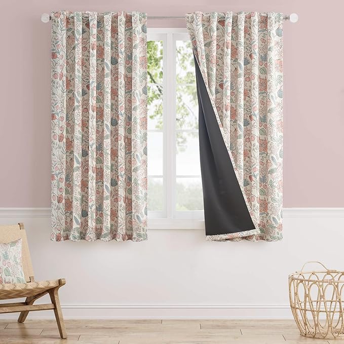 Vangao Pink Nursery Curtains for Girls Room Easter Floral 100% Blackout Curtains 63 Inch Length Farmhouse Drapes for Bedroom Room Darkening Flower Patterned Window Treatment for Kids Set of 2