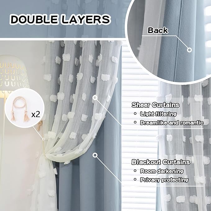 MYSKY HOME Room Darkening Curtains White Sheer Pom Pom Curtains for Living Room Dusty Blue Blackout Curtains for Sliding Door Decor Drapes 2 Layer Window Panels Boys Bedroom Grommet 2 Sets W52 X L95