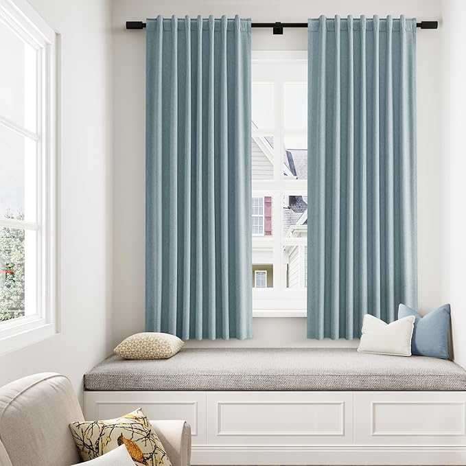Guken Blue 100% Blackout Curtains 63 Inch Length 2 Panels Set for Living Room Bedroom Back Tab Thermal Insulated Black Out Linen Drapes Room Darkening Window Curtains 63 Inches Long Dusty Blue
