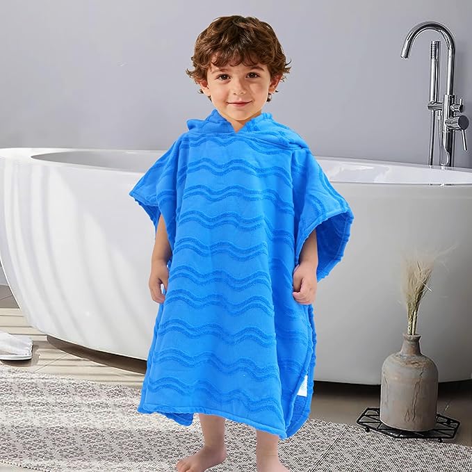 Toddler Bath Towels with Hood, Oversized (2-4Years,22"X22") Made from 100% Soft Cotton,Absorbent Hooded Poncho Towel for Baby Boy,Perfect for Pool | Swimming | Bath | Beach,Jacquard Blue Wave