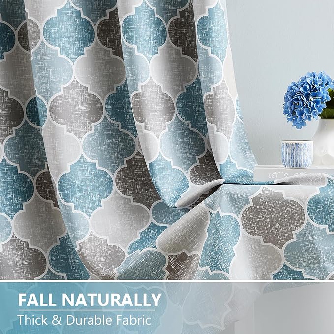 Gray Blue Geometric 100% Blackout Curtains 95 Inches Long for Living Room Bedroom Moroccan Trellis Print Window Panels Room Darkening Thermal Insulated Grommet Drapes, 52x95, 2 Panels