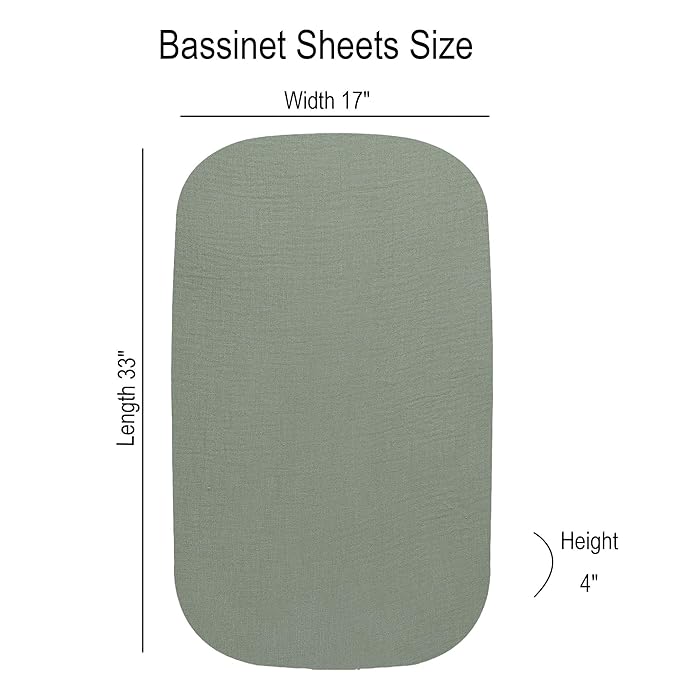 Onacosht Muslin Bassinet Sheets 3 Pack, 100% Cotton Baby Fitted Sheet 33" X 17" for Standard Rectangle Round Oval and Hourglass Bassinet Mattress, Green and Botanical