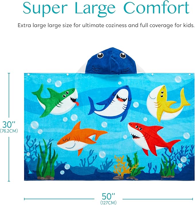 Joiedomi Shark Hooded Towels for Kids Soft 100% Cotton Kids Beach Towel 30" x 50" for 3-10 Years Boy Girl Beach Hooded Poncho Absorbent Pool Toddler Swim Bath Wrap