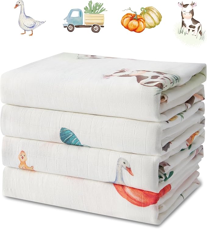 70% Rayon Made from Bamboo 30% Cotton Muslin Swaddle Blanket, 47 x 47 Inches, Farm Theme Baby Receiving Blanket, Soft and Breathable, Unisex, 4 Pack