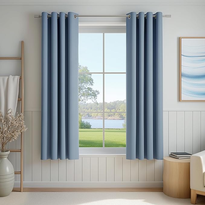 FMFUNCTEX 100% Blackout Curtains for Bedroom, Slate Blue Curtains 54 Inches Long Weave Textured Thermal Insulated Curtains for Living Room, Black Out Drapery Grommet Room Darkening 2 Panels