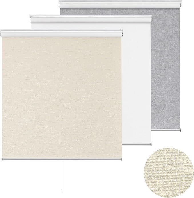 ChrisDowa Cordless 100% Blackout Roller Shade, with Striped Jacquard, Thermal Insulated, UV Protection Fabric, Total Blackout Blinds for Window, French Doors, Home and Office. Beige, 56" W x 72" H