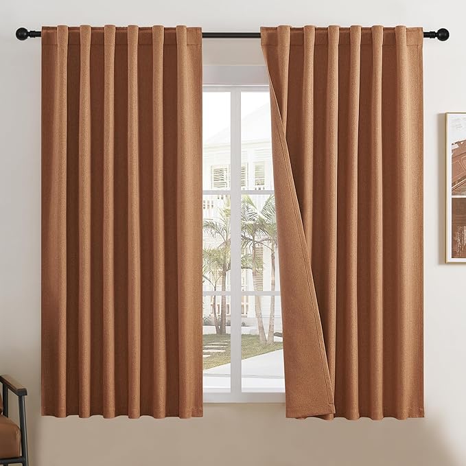 DUALIFE Blackout Linen Curtains 2 Panels Set 63 Inch Length for Bedroom-Rod Pocket Back Tab Hook Belt Drapes Boho Fall D閏or Mid Century Modern Curtains Burnt Orange W50 x L63