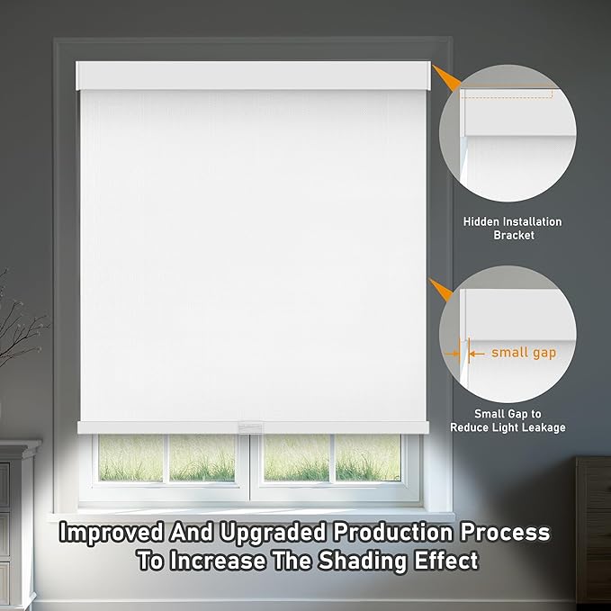AOSKY Linen Roller Blinds Shades for Indoor Windows Pull Down Cordless Blackout Black Out Window Shade 41 Inch Blinds for Home White