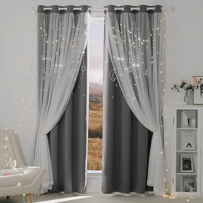 NICETOWN Blackout Curtains 95 inch Long for Living Room Bedroom, Grommet Thermal Insulated Star Moon Hollow-Out Curtain for Kids Baby Room, 52" Wide per Panel, 2 Panels, Grey