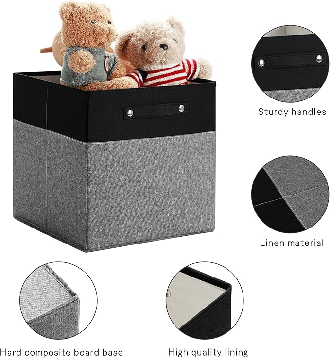 13 x 13 Inch Fine Linen Storage Bins with Handles，Fabric Cube Boxs，Basket Organizers for Shelves for Home, Closet Drawers (Black/Gray-4 Pack)