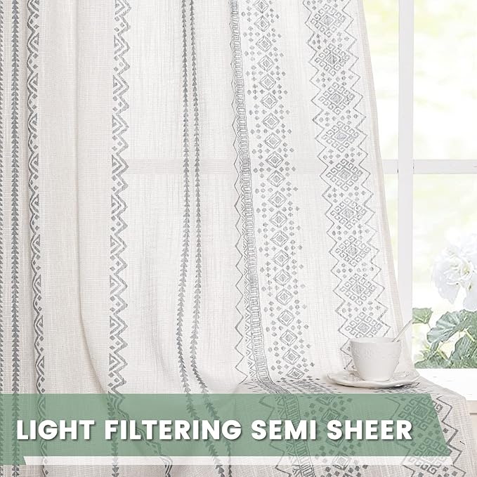 MEETSKY Light Filtering Curtains 95 Inches Long Boho Cotton Curtains for Dining Room Bohemian Geometric Printed Linen Style Burlap Effect Modern Back Tab Window Drapes for Home
