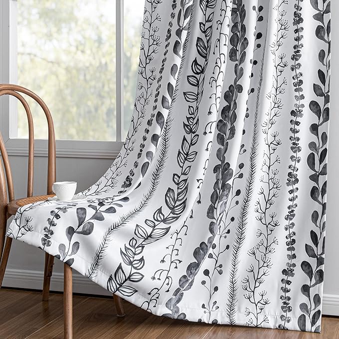 MEETSKY Boho Blackout Leaves Patterned Curtains 95 Inch Long 2 Panels Set for Bedroom, Room Darkening Dark Grey Drapes for Living Room, Thermal Insulated Rod Pocket Back Tab Window Treatment, 50"Wide