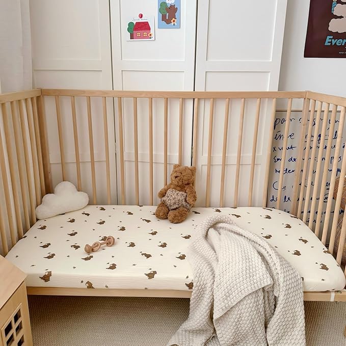 BuLuTu Muslin Cotton Crib Sheets Neutral Baby Boys Girls, 2 Pack Fitted Sheets for Standard Mattress 52"x28", Cute Animal Print Toddler Bed Sheet Nursery Decor, Bear & Duck