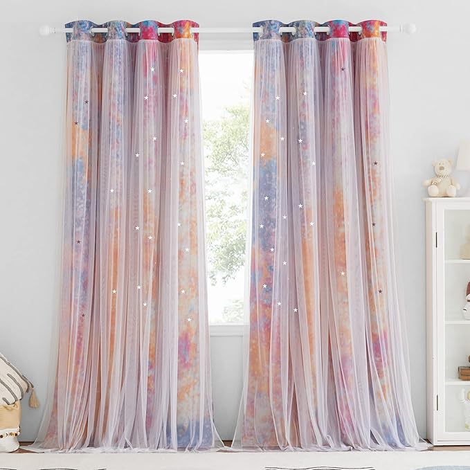 NICETOWN Rainbow Curtains - Double Layer Curtains 63 Inches Long with Sheer Grommet Nursery Blackout Star Hollow-Out Window Panels for Living Room, 52" W, 1 Pair, Yellow & Pink