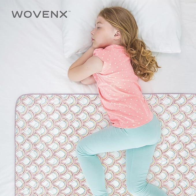 WOVENX Organic Incontinence Pads for Kids & Toddlers - 5 Layer Waterproof Protectors for Overnight Bed Wetting - Reusable & Washable Pee Pads - Fits Twin to Full Size Beds - 34" x 52" Rainbow