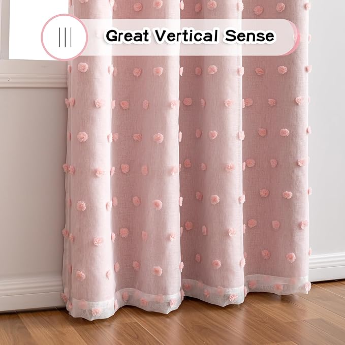 MYSKY HOME Pink Curtains for Girls Room 84 Inches Long 2 Panels Girls Curtains wiht Pink Pom Pom Sheer Blackout Nursery Curtain Room Darkening 2 Layered Window Drapes for Toddler Grommet, 52 x 84 Inch