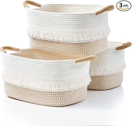 Storage Bins Woven Baskets for Storage Set of 3, Cotton Rope Basket with Handles for Toys/Shelves/Laundry, Rectangle Multi-Purpose Organizer for Living Room, Bedroom, Nursery (White/Brown)