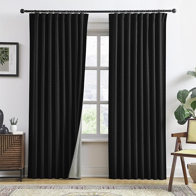 RAIN CITY Extra Wide Blackout Curtains 70 x 84 Inch Long, Linen Blend Black Out Pleated Curtains 2 Panels Set, Back Tab Pocket Textured Curtain for Home Office Patio Sliding Glass Door