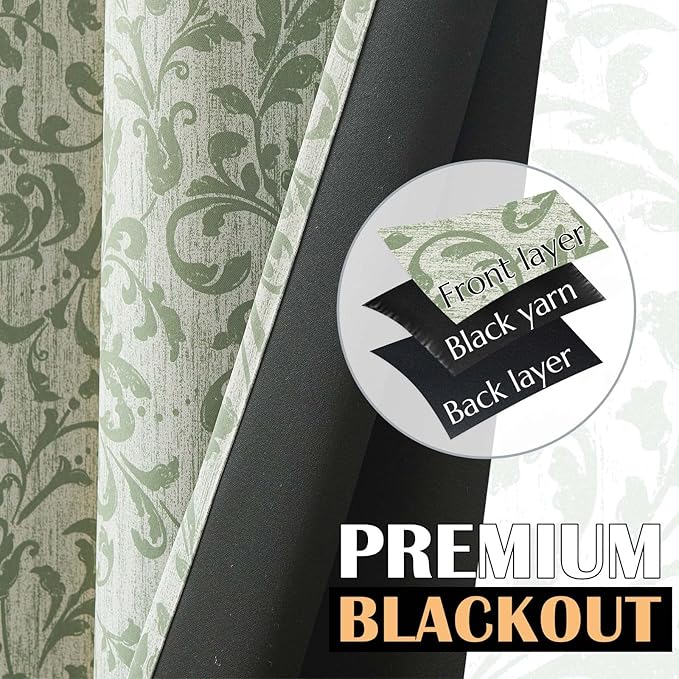 jinchan Blackout Curtains for Bedroom 84 Inches Long Green Scroll Floral Window Curtains for Living Room Farmhouse Vintage Drapes Thermal Insulated Grommet Window Treatments 2 Panels