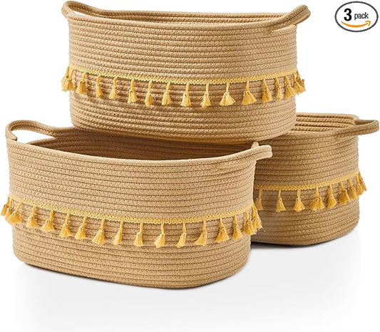 Storage Bins Woven Baskets for Storage Set of 3, Cotton Rope Basket with Handles for Toys/Shelves/Laundry, Rectangle Multi-Purpose Organizer for Living Room, Bedroom, Nursery (Brown)