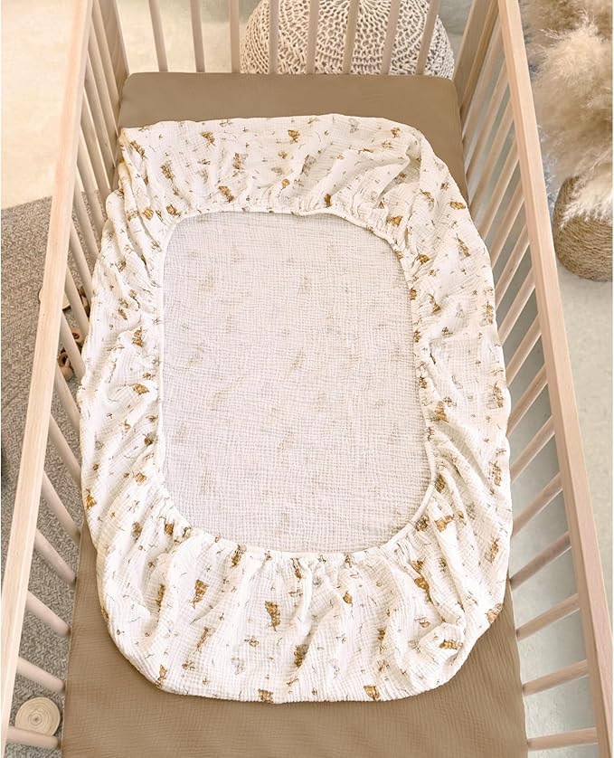 lulumoon Baby Muslin Crib Sheets: Soft & Breathable Fitted Crib Sheets for Boys and Girls - Khaki Bunny Sheets for Standard Crib 2Pack