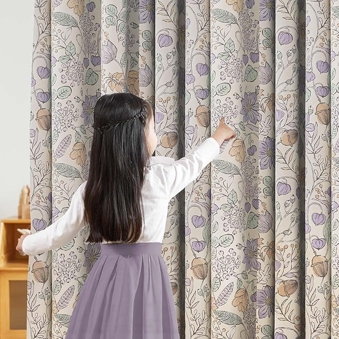 jinchan Nursery Curtains 95% Blackout Purple Floral Curtains for Girls Room, 96 Inch Length Farmhouse Drapes for Bedroom Living Room Darkening Window Treatment Grommet Top Set of 2 Panels
