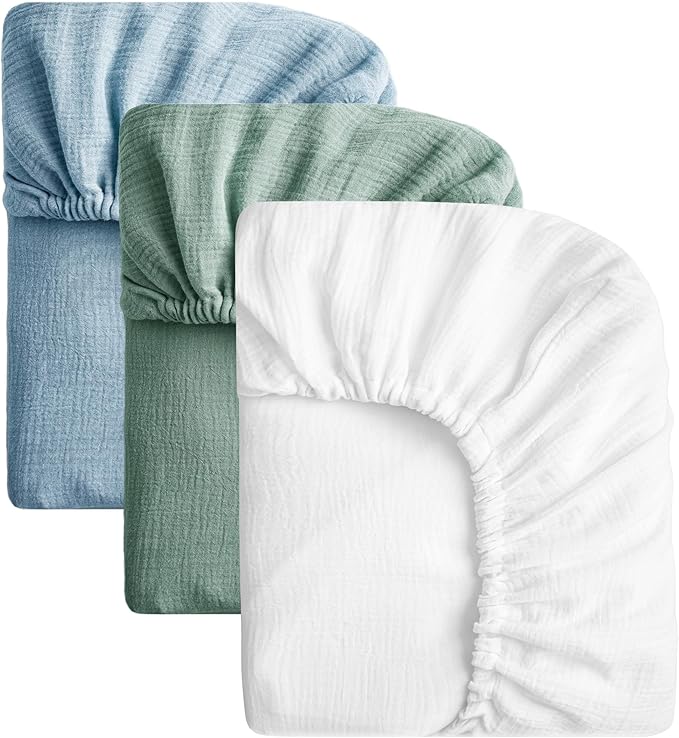 SOULFUL Muslin Crib Sheets for Boys Girls, 3 Pack Soft and Breathable Cotton Fitted Crib Sheets for Standard Crib Mattress (28"x 52", White & Blue & Green)